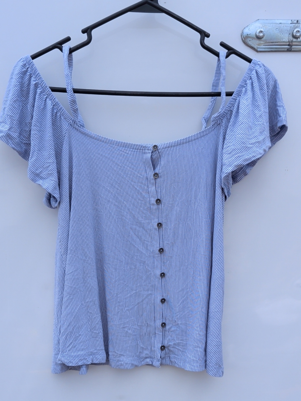 American Eagle Outfitters Light Blue Striped Off-Shoulder Button Top